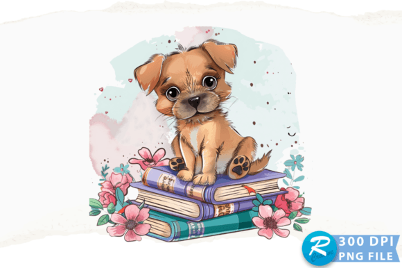 Cute Cartoon Dog Sitting on Books