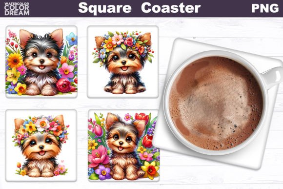 Yorkie Square Coaster Dog Flowers Squ
